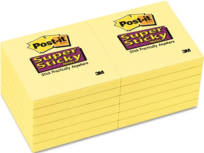 3M SUPER STICKY NOTES, 3 X 3, CANARY YELLOW, 12 90-SHEET PADS/PACK